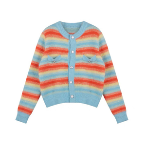 OEM de fábrica personalizado Primavera Otoño Casual señoras Mohair Rainbow tejido suéter abrigo Tops Cardigan para mujeres