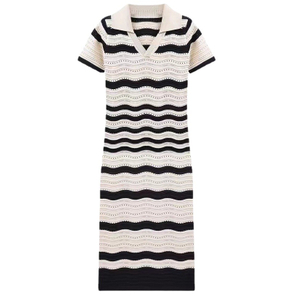 Vestido largo del suéter de punto de las mujeres rayadas con cuello en V de manga corta delgada de encargo de la primavera verano de la fábrica del OEM