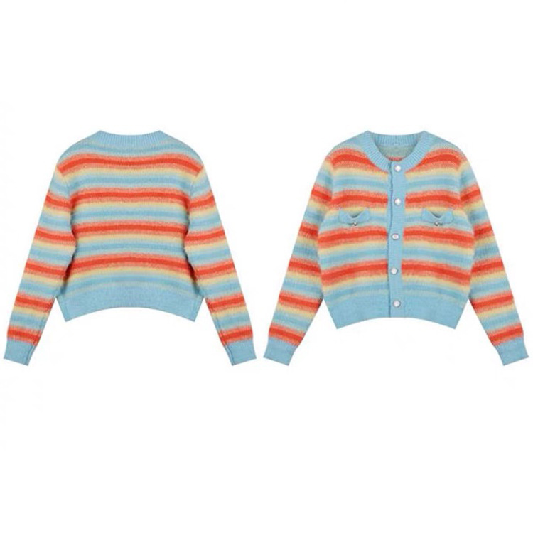 OEM de fábrica personalizado Primavera Otoño Casual señoras Mohair Rainbow tejido suéter abrigo Tops Cardigan para mujeres