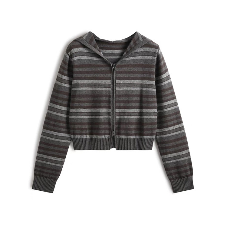 Las mujeres con capucha a rayas con cremallera de los géneros de punto ocasionales de encargo del otoño invierno de la fábrica del OEM hicieron punto la rebeca de la capa del suéter