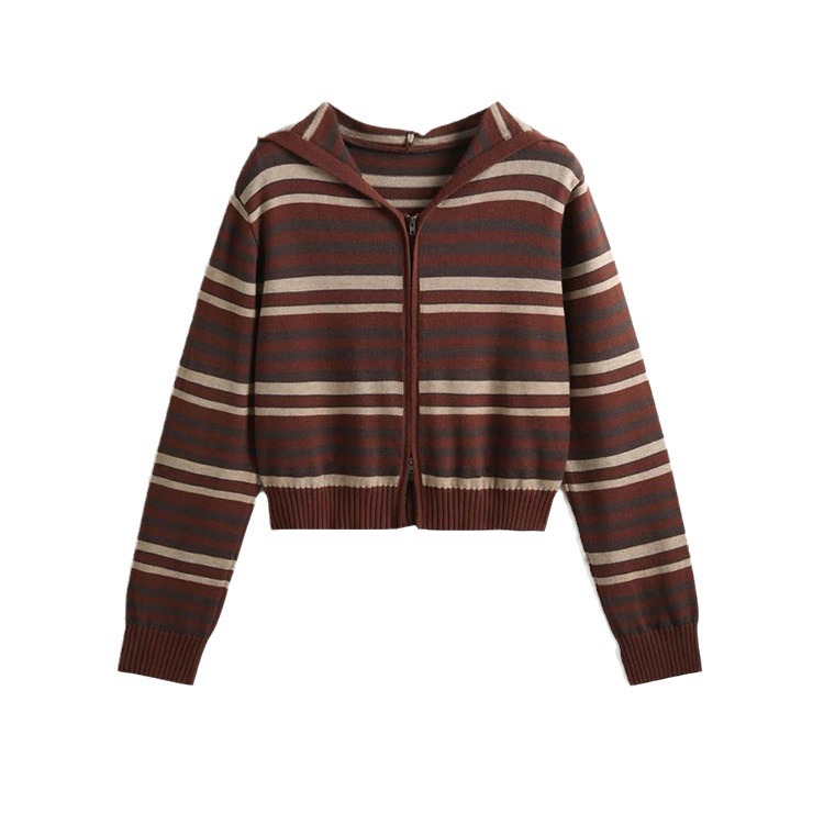 Las mujeres con capucha a rayas con cremallera de los géneros de punto ocasionales de encargo del otoño invierno de la fábrica del OEM hicieron punto la rebeca de la capa del suéter