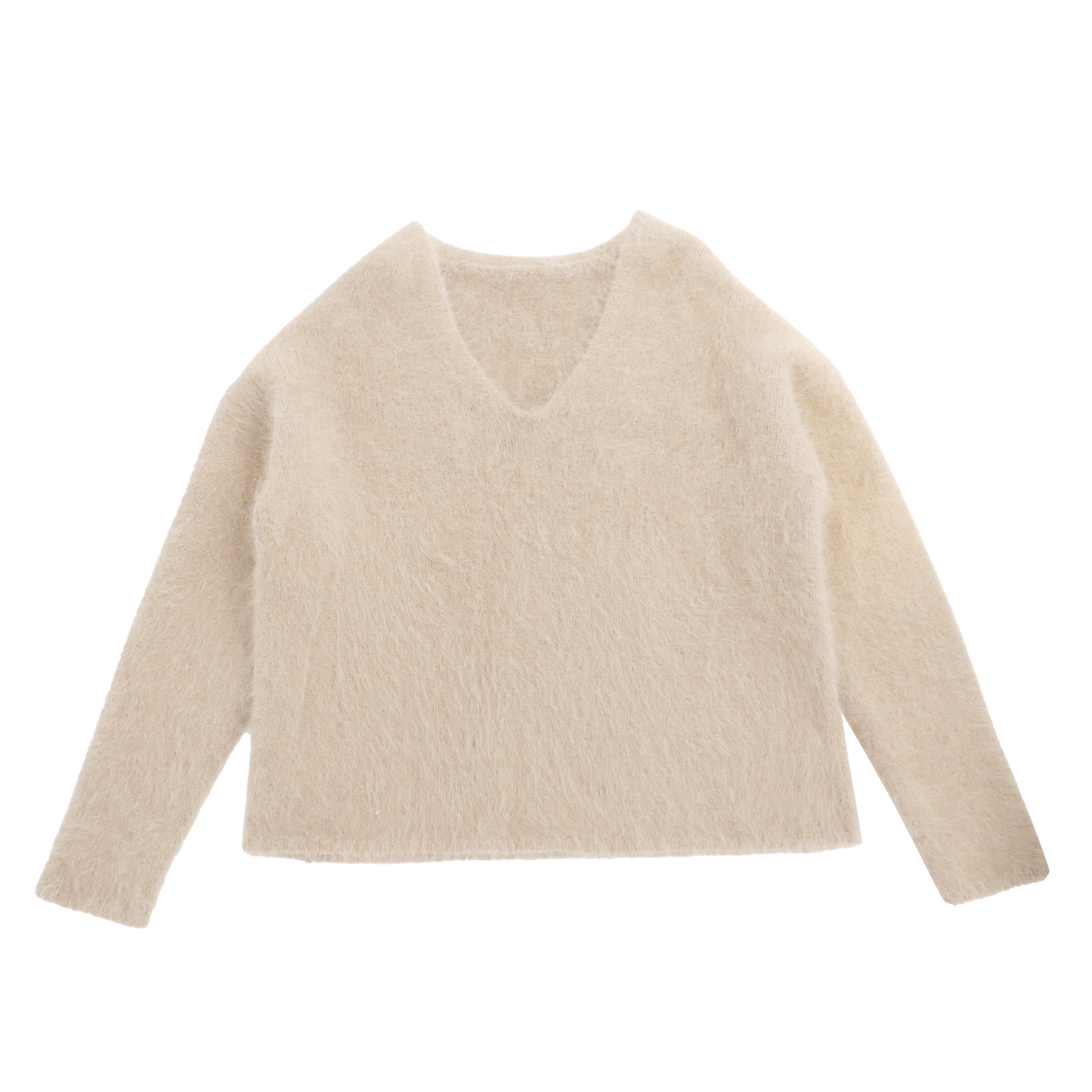 Suéter de punto beige con cuello de pico de lana de manga larga personalizado de fábrica OEM de Otoño Invierno para mujer
