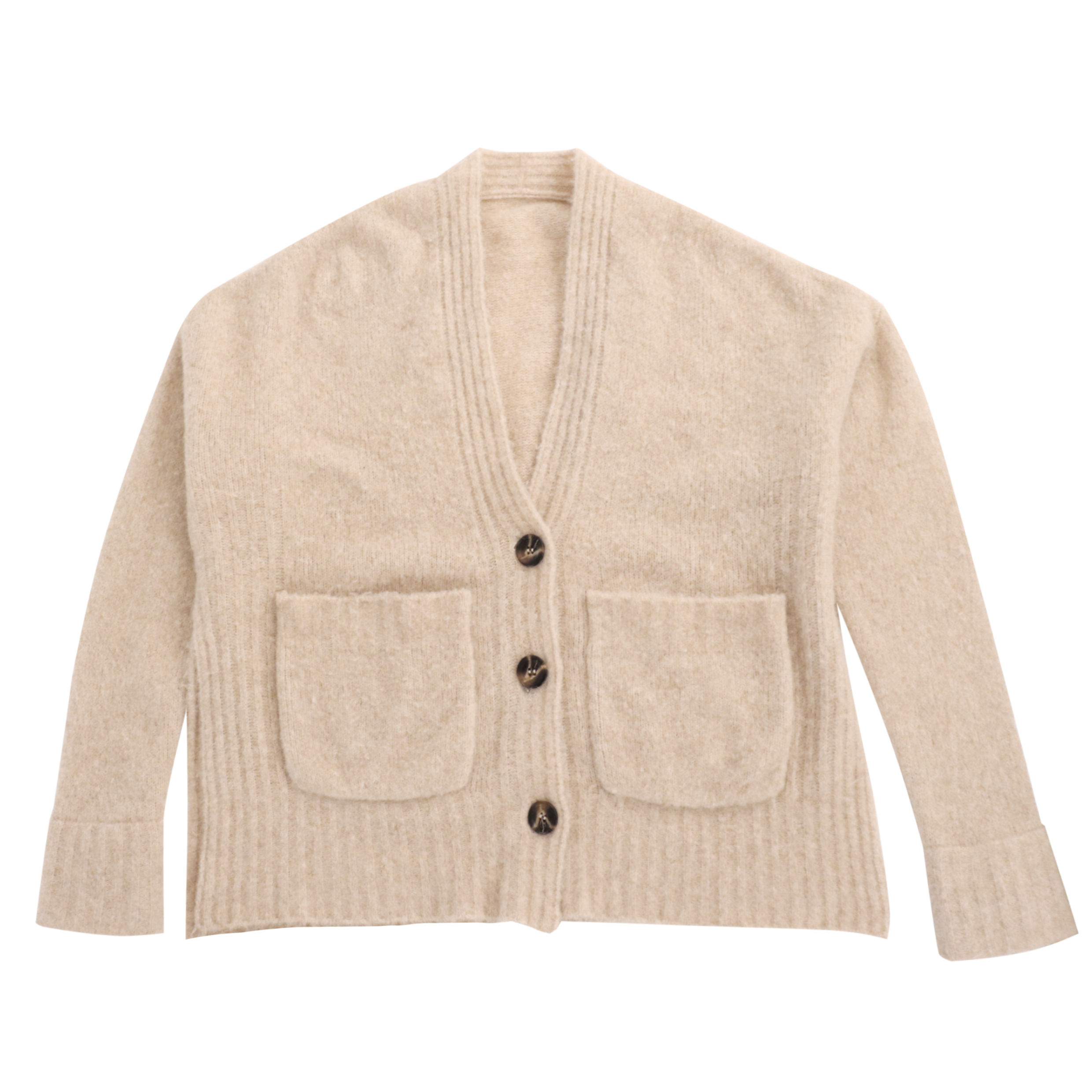 Suéter de punto con bolsillo para mujer, cuello en V, manga larga, Beige, personalizado, Otoño Invierno