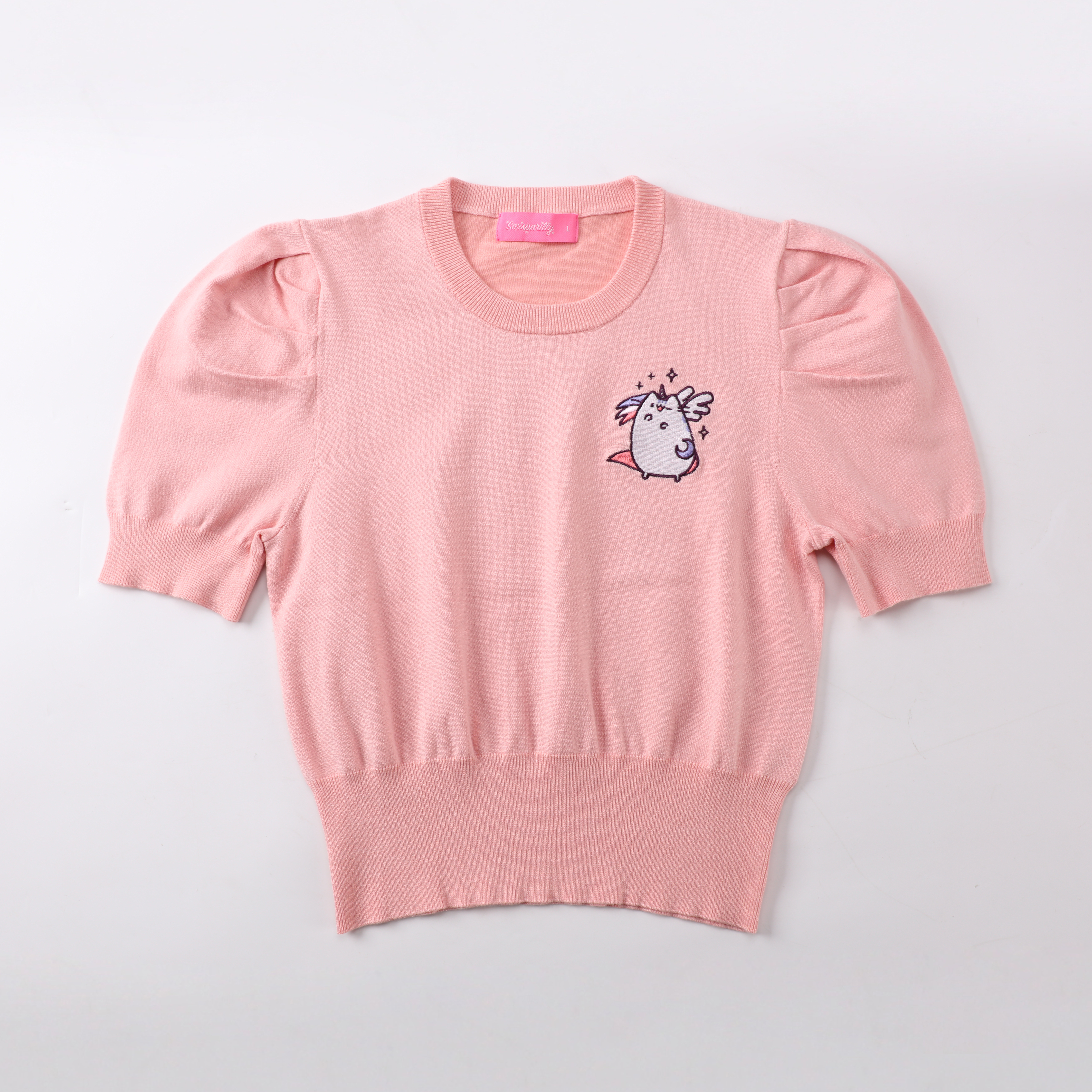 Suéter de punto con estampado de cuello redondo de manga corta rosa personalizado OEM de primavera y otoño para mujer